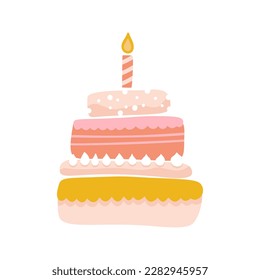 Pastel de cumpleaños con una vela, fiesta vectorial niños bebé simple de postre plano ilustración de doodle