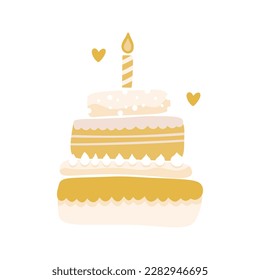 Birthday cake with a candle, vector party baby kids simple flat dessert doodle illustration