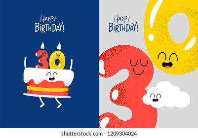 Birthday cake, Birthday candles, 30 years, anniversary, funny Happy birthday card. Vector illustration. Use for card, poster, banner, web design and print on t-shirt. Easy to edit. 