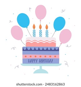 Birthday cake with candles, balloons, confetti and lettering. Holiday flat card design. Vector illustration.