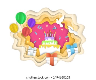Birthday cake with candles, balloons, gift boxes and doves, vector illustration in paper art modern craft style. Happy birthday composition for greeting card, invitation, poster, banner etc.