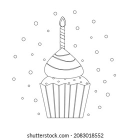 Birthday Cake With Candles. Bday Of The Baby One Year. Anniversary Of The Child. Festive Greeting Card. Cupcake With Cream On A White Background. Coloring Page