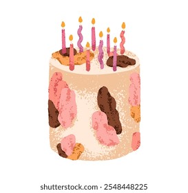 Birthday cake with candles. B-day dessert with vanilla cream, abstract spots decoration for festive party celebration. Modern sweet for holiday. Flat vector illustration isolated on white background