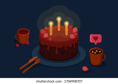 Birthday cake with candles and berries for the holiday. Cups of tea and cocoa with marshmallows. Strawberries and cherry. Dark background and glow. Vector illustration in flat style.