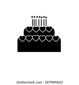 Birthday cake with candles. Black and white icon. Vector flat illustration