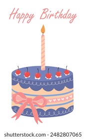 Birthday cake with candles and bow. Cherry cake and inscription - Happy birthday. Vector illustration happy birthday.