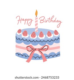 Birthday cake with candles and bow isolated on white background. Strawberry hand drawn cake and lettering - Happy Birthday. Vector happy birthday illustration  