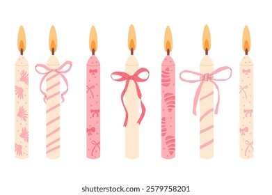 Birthday cake candles with bow set. Party decor with bowknots pack Vector flat illustration collection isolated on white background.