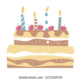 Birthday cake with candles burning and cherries on top, isolated biscuit with glazing and cream. Delicious dessert in cafe or restaurant, gourmet sweet food for holiday. Vector in flat style