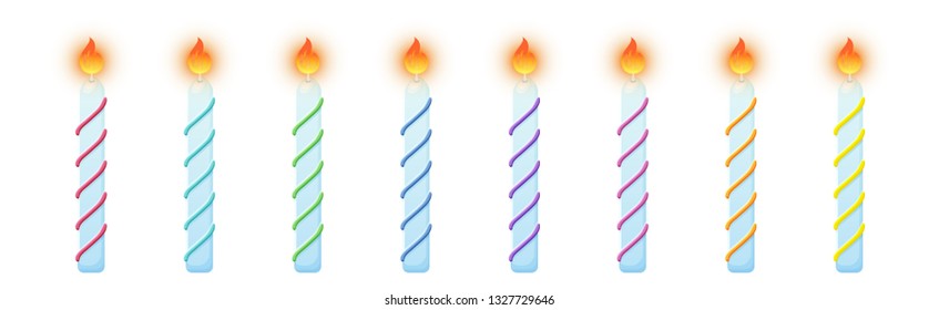 Birthday cake candles. Burning candles colorful set