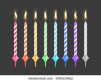 Birthday cake candles with burning flame isolated on transparent background. Realistic festive flickered candlelight from colored holiday party wax candles. Vector 3d illustration of design element.