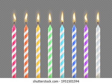 Birthday cake candles with burning flame isolated on transparent background. Realistic festive flickered candlelight from colored holiday party wax candles. Vector 3d illustration of design element.