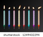 Birthday cake candles with burning flames isolated on dark transparent background. Vector design elements