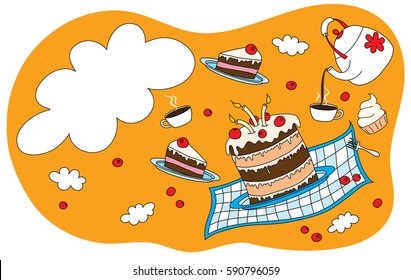 Birthday cake with candles, cakes, cups of tea, tea and berries on the tablecloth in the box among the clouds