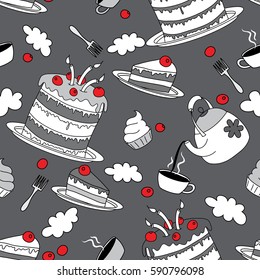 Birthday cake with candles, cakes, cups of tea, tea and berries on the tablecloth in the box among the clouds