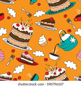 Birthday cake with candles, cakes, cups of tea, tea and berries on the tablecloth in the box among the clouds