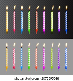 Birthday cake candles with candlelight fire flames. Realistic party vector wax candles with colorful striped pattern and festive holders, row of lighted candles on transparent background, 3d obect