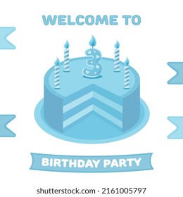 Birthday cake with candles. Birthday card for boy three years