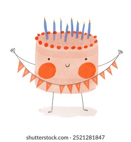 Birthday Cake With Candles. Childish Drawing-like Vector Print with Birthday Cake on a White Background. Cute Kawaii Style Print with Hand Drawn Birthaday Cake Holding Red Garland with Wishes. RGB.