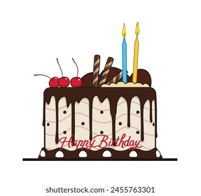 Birthday Cake with Candles, chocolate and cream, vector illustration isolated on white background, eps