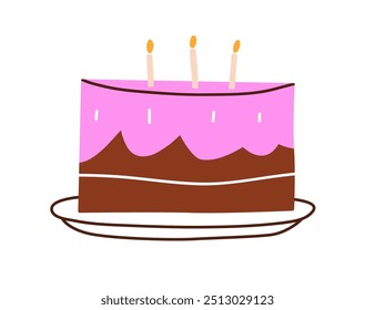 Birthday cake with candles, decorated with cream. Sweet festive dessert for holiday celebration party. Sugar confectionery in modern doodle style. Flat vector illustration isolated on white background