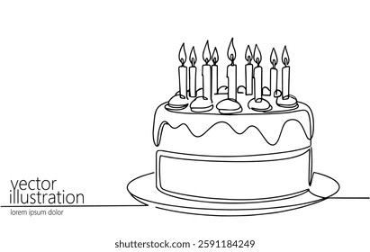 Birthday cake candles dessert. Burning flame icing decoration. Party invitation events celebration. Minimalist outline white background vector illustration.