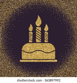 The Birthday Cake With Candles. Dessert Symbol. Gold Sparkles And Glitter Vector Illustration