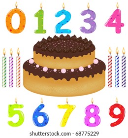 Birthday Cake With Candles Of Different Form, Isolated On White Background, Vector Illustration