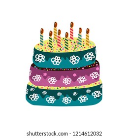 Birthday cake with candles. Doodle, hand draw. Vector illustration on isolated background