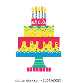 Birthday cake with candles. Hаnd drawn vector illustration for card, banner, t shirt.  Cute illustration.