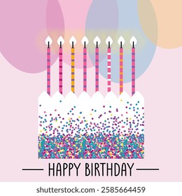 birthday cake with candles and festive balloons on a pink background. a postcard with the inscription happy birthday. stock vector illustration. EPS 10.