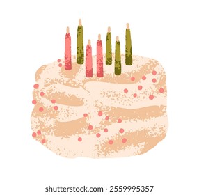 Birthday cake with candles. Festive dessert with whipped cream, vanilla frosting and sugar sprinkles decor. Sweet airy confectionery treat. Flat vector illustration isolated on white background