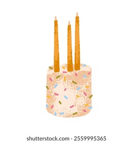 Birthday cake with candles. Festive dessert decorated with vanilla cream and colored sprinkles. Creamy confectionery treat with party decor. Flat vector illustration isolated on white background