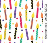 Birthday cake candles with fire flame. Small wax sticks with burning wick isolated on white background. Seamless pattern of candles for holiday party.