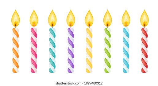 Birthday cake candles with fire flame. Spiral wax sticks with burning wick isolated on white background. Vector cartoon set of colored striped candles for holiday party or christmas celebration