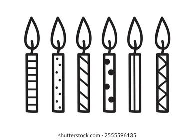 Birthday cake candles with fire flame. Small wax sticks with burning wick isolated on white background. Vector cartoon set of candles for holiday party.Kid coloring page.  Аntistress books.