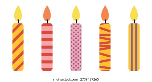Birthday cake candles with fire flame. Cartoon vector of candle birthday