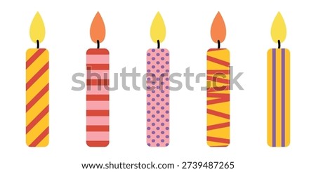 Birthday cake candles with fire flame. Cartoon vector of candle birthday