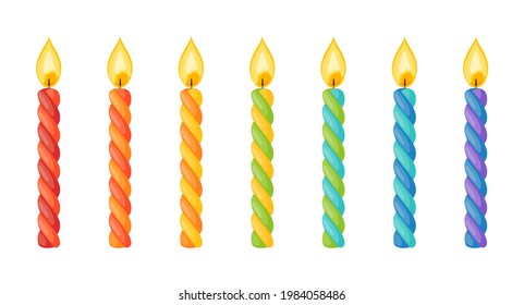 Birthday cake candles with flame. Twisted wax sticks with burning wick isolated on white background. Vector cartoon set of colored striped candles for holiday party or christmas celebration