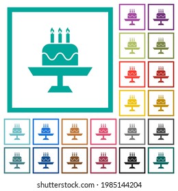 Birthday cake with candles flat color icons with quadrant frames on white background
