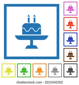 Birthday cake with candles flat color icons in square frames on white background