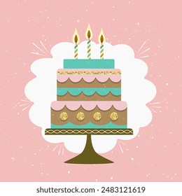 Birthday cake with candles. Flat design with grunge texture. Holiday card design. Vector illustration.
