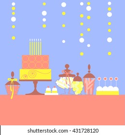 Birthday cake with candles and flowers. Dessert bar. Birthday sweet table. Vector illustration