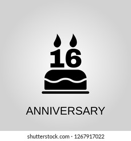 The birthday cake with candles in the form of number 16 icon. Anniversary concept symbol design. Stock - Vector illustration can be used for web