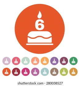 The birthday cake with candles in the form of number 6 icon. Birthday symbol. Flat Vector illustration. Button Set