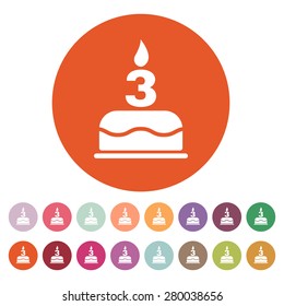 The birthday cake with candles in the form of number 3 icon. Birthday symbol. Flat Vector illustration. Button Set