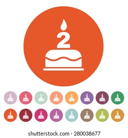 The birthday cake with candles in the form of number 2 icon. Birthday symbol. Flat Vector illustration. Button Set