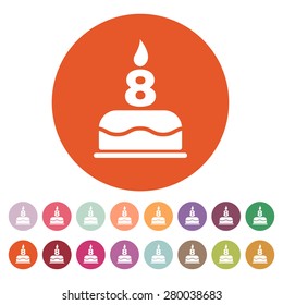 The birthday cake with candles in the form of number 8 icon. Birthday symbol. Flat Vector illustration. Button Set