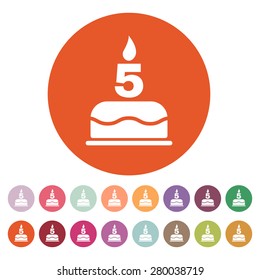 The birthday cake with candles in the form of number 5 icon. Birthday symbol. Flat Vector illustration. Button Set