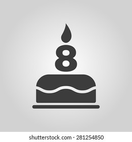 The birthday cake with candles in the form of number 8 icon. Birthday symbol. Flat Vector illustration.